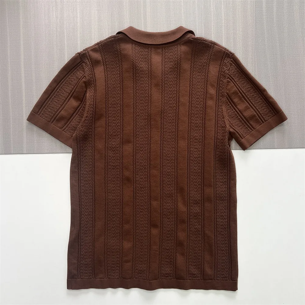 Men's Chestnut Brown Patterned Vertical-Stripe Knit Polo Shirt - Custom Textured Weave Design