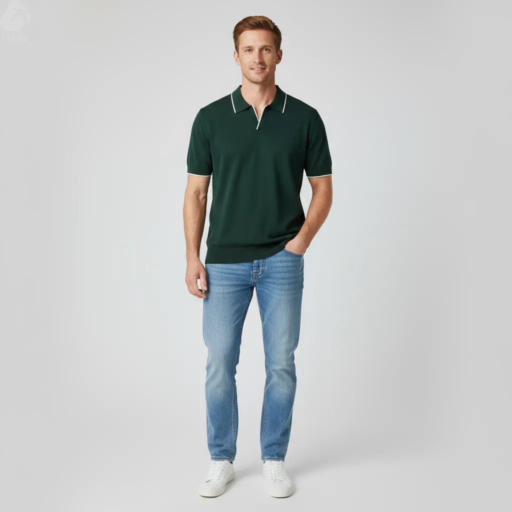 Men's Forest Green Contrast-Trim Knit Polo - FNJIA Custom Apparel Service