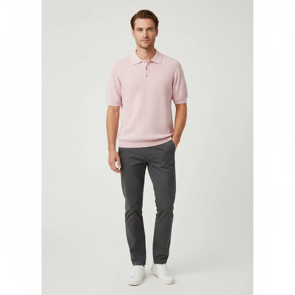 Men's Pastel Pink Textured Knit Polo - FNJIA Custom Apparel Service