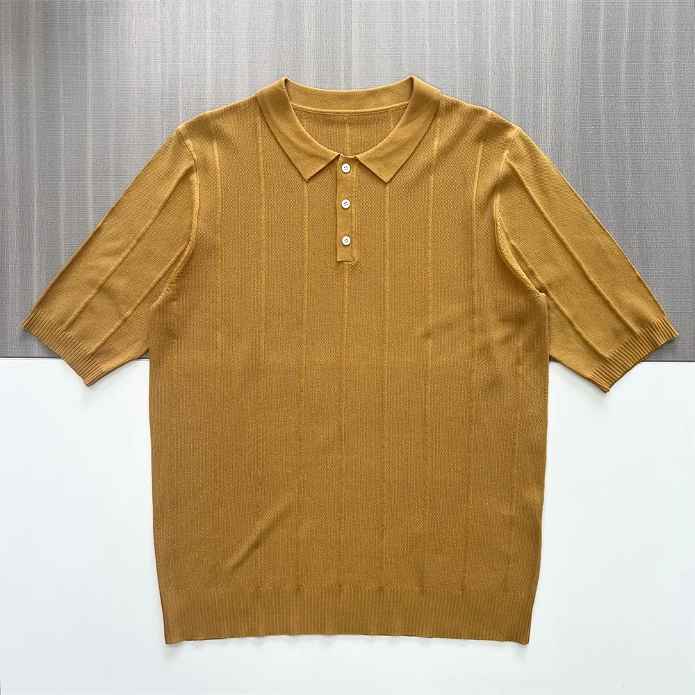 Men's Mustard Yellow Vertical Rib-Knit Polo Shirt - Custom Sleeve & Placket Details