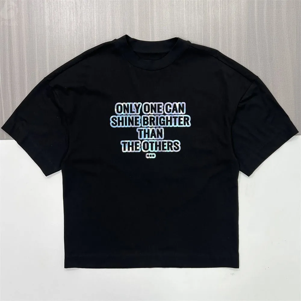Men's Black Oversized Graphic-Print T-Shirt - Custom Iridescent Text & Relaxed Fit Design
