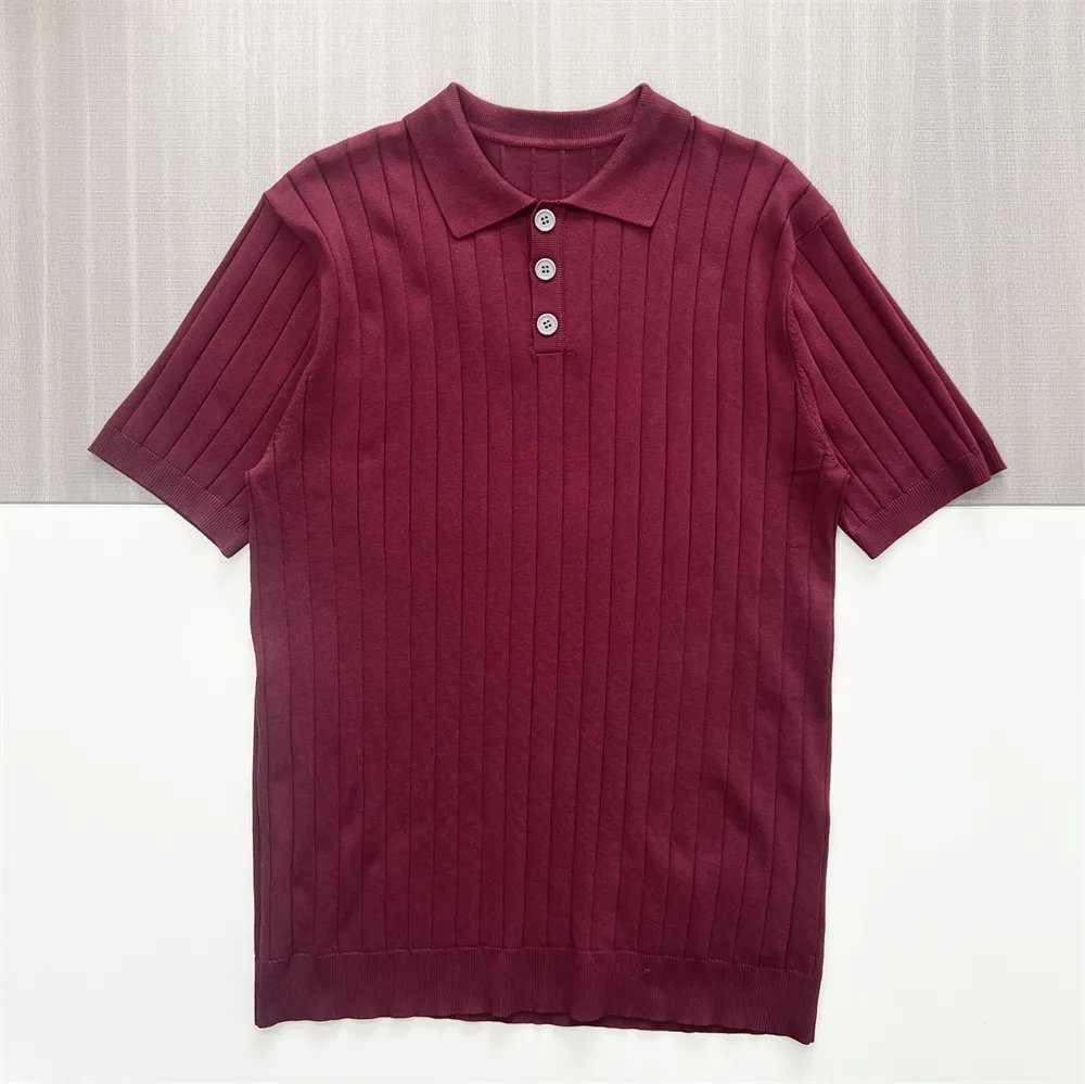 Men's Deep Burgundy Vertical Rib-Knit Polo Shirt - Custom Contrast Button Design