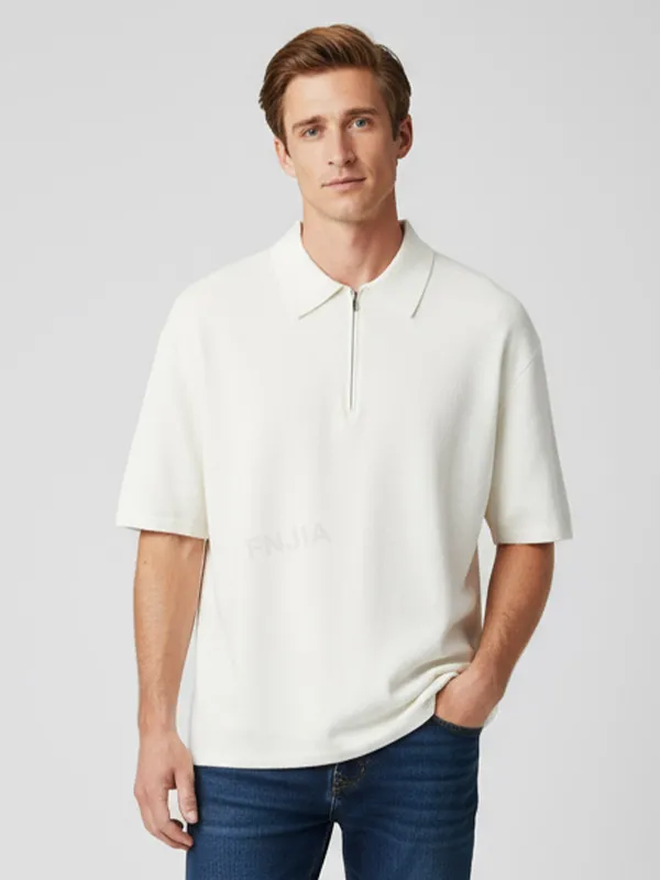 Men's Ivory Half-Zip Knit Polo Shirt - Custom Minimalist Design & Relaxed Fit