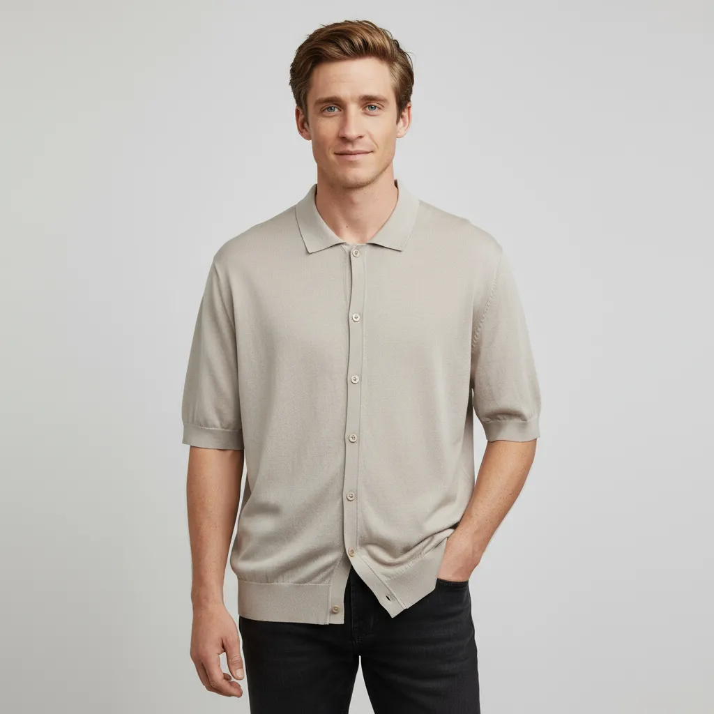 Men's Beige Full-Button Knit Polo - FNJIA Custom Apparel Service