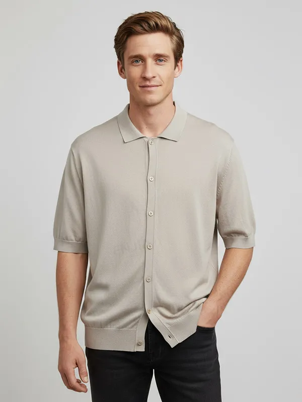 Men's Beige Full-Button Knit Polo - FNJIA Custom Apparel Service