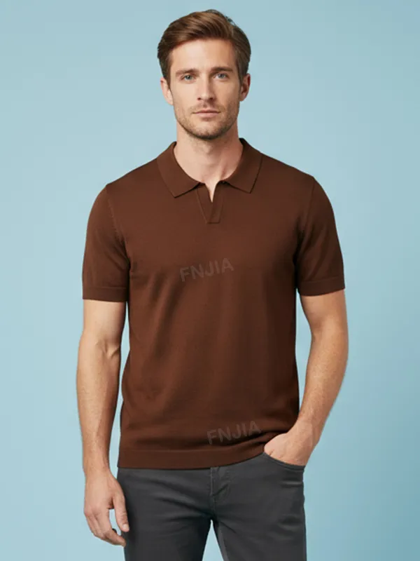 Men's Cocoa Brown Minimalist Knit Polo Shirt - Custom Slim-Fit & Placket Design