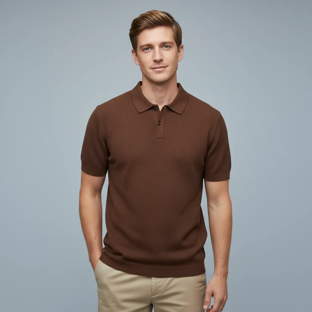 Men's Mocha Brown Waffle-Knit Polo Shirt - Custom Breathable Texture Design