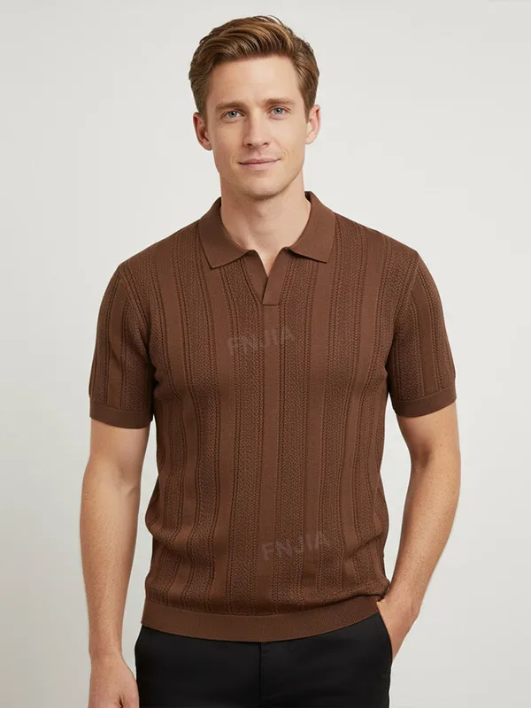 Men's Chestnut Brown Patterned Vertical-Stripe Knit Polo Shirt - Custom Textured Weave Design