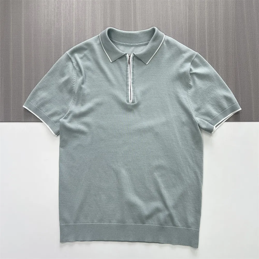 Men's Sage Green Contrast-Trim Half-Zip Knit Polo - FNJIA Custom Apparel Service