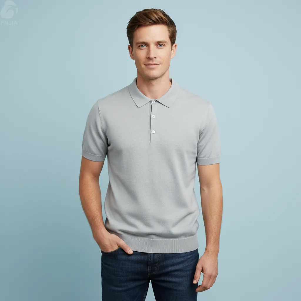 Men's Light Gray Fine-Rib Knit Polo - FNJIA Custom Apparel Service