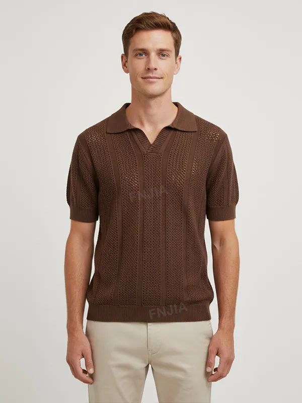 Men's Chocolate Brown Textured Stripe-Knit Polo Shirt - Custom Open Placket Design