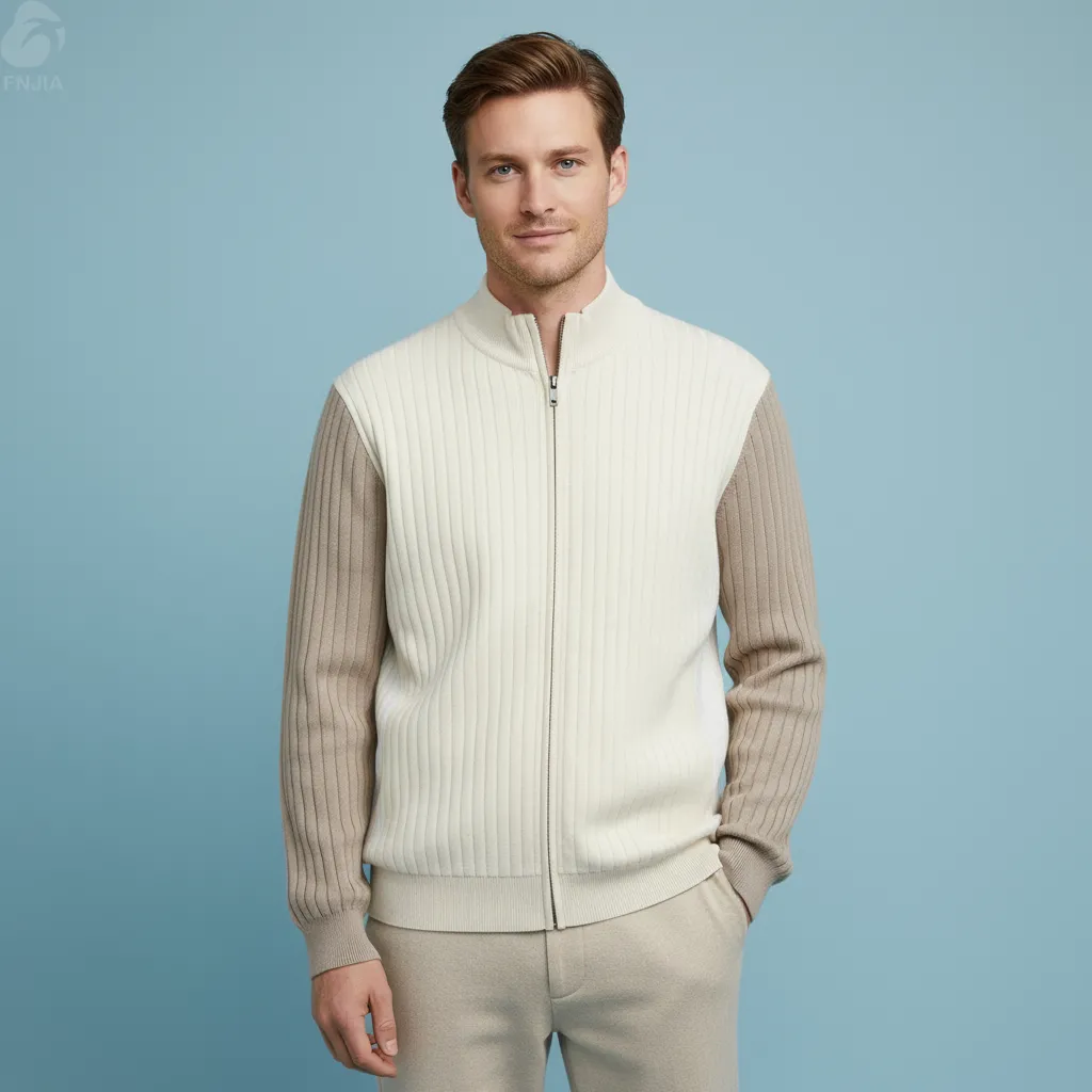 Men's Two-Tone Rib-Knit Zip-Up Jacket - Custom Color Block & Stand-Collar Design