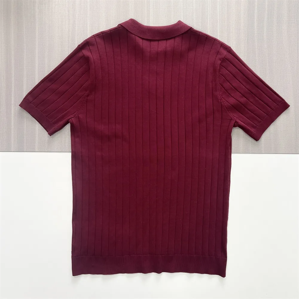 Men's Deep Burgundy Vertical Rib-Knit Polo Shirt - Custom Contrast Button Design