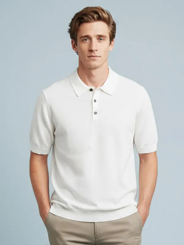 Men's Crisp White Knit Polo Shirt - Custom Contrast Button & Slim-Fit Design