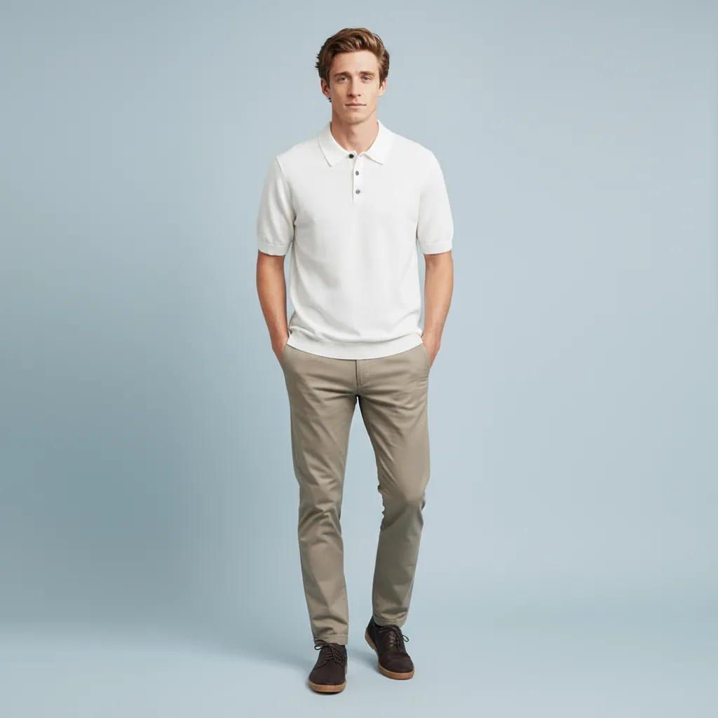 Men's Crisp White Knit Polo Shirt - Custom Contrast Button & Slim-Fit Design
