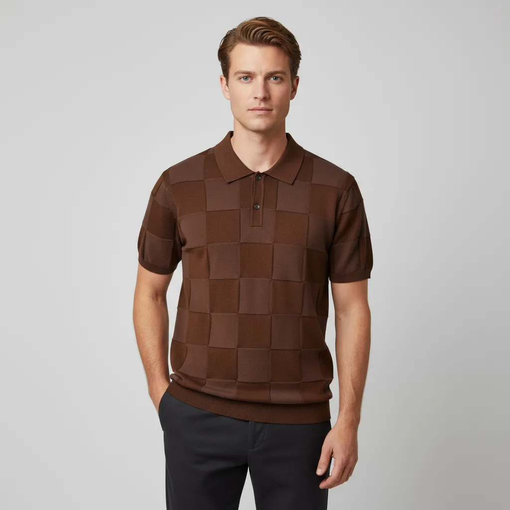 Men's Chocolate Brown 3D Checkerboard-Knit Polo Shirt - Custom Textured Pattern Design