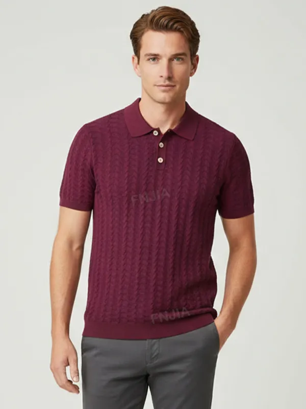 Men's Deep Burgundy Geometric-Knit Polo Shirt - Custom Texture & Material