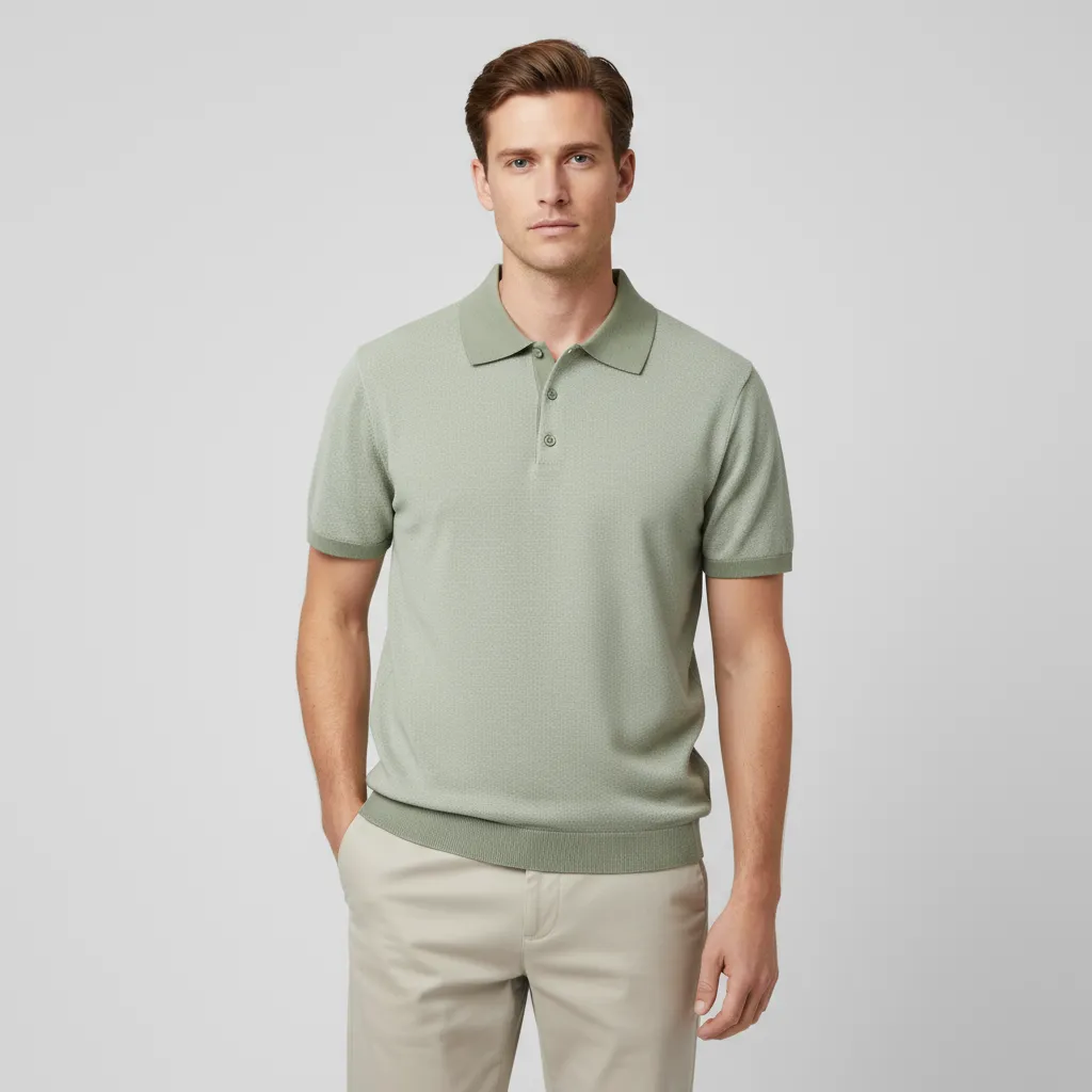 Men's Sage Green Subtle Textured Knit Polo - FNJIA Custom Apparel Service