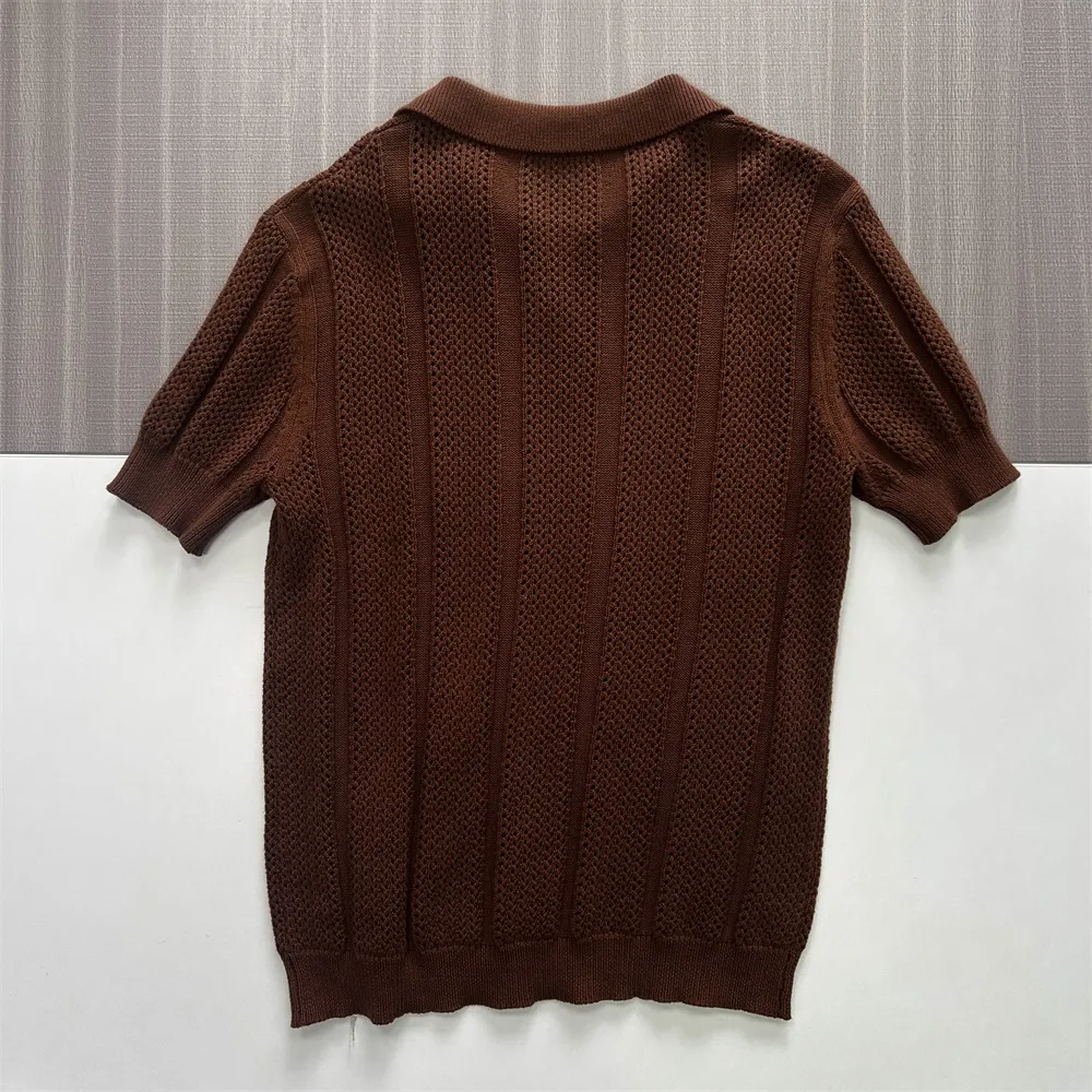 Men's Chocolate Brown Textured Stripe-Knit Polo Shirt - Custom Open Placket Design