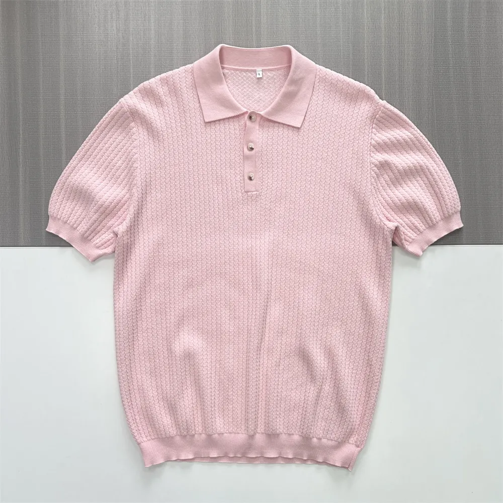 Men's Pastel Pink Textured Knit Polo - FNJIA Custom Apparel Service