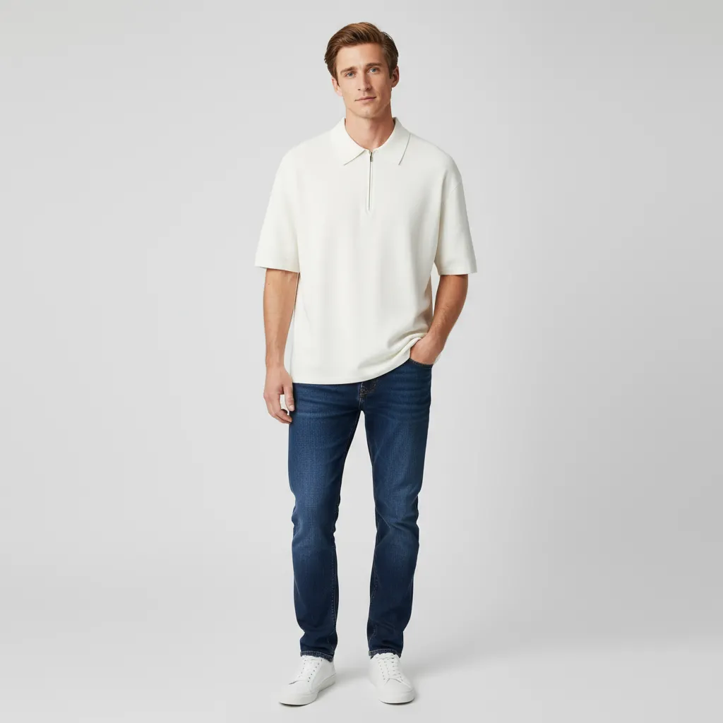 Men's Ivory Half-Zip Knit Polo Shirt - Custom Minimalist Design & Relaxed Fit