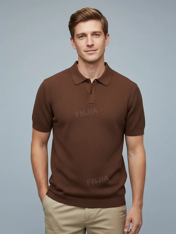 Men's Mocha Brown Waffle-Knit Polo Shirt - Custom Breathable Texture Design
