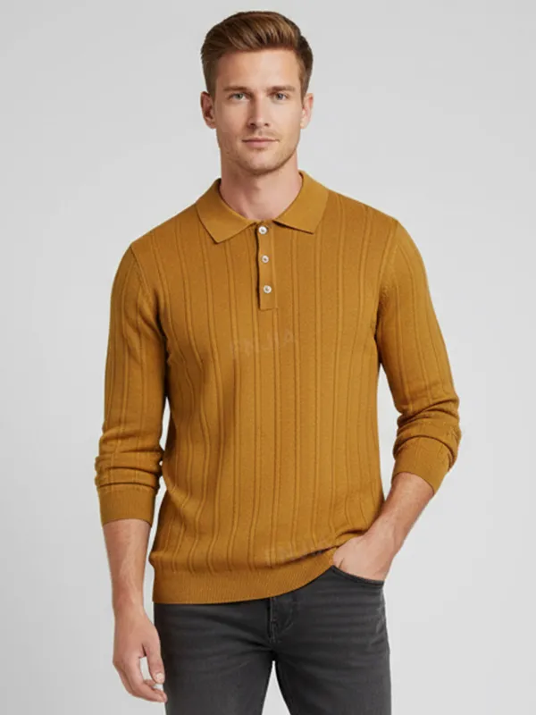 Men's Mustard Yellow Vertical Rib-Knit Polo Shirt - Custom Sleeve & Placket Details