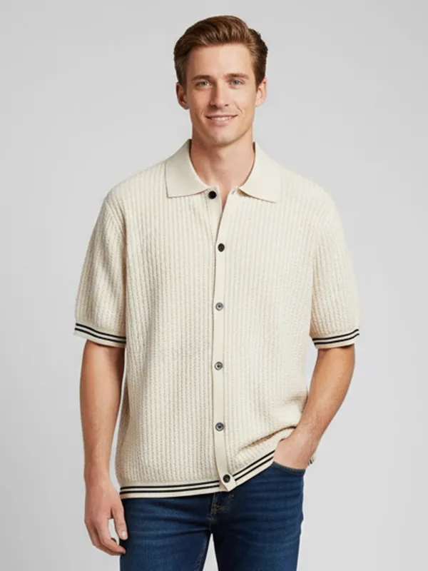 Men's Cream Rib-Knit Polo Cardigan - Custom Stripe Trim & Button Details