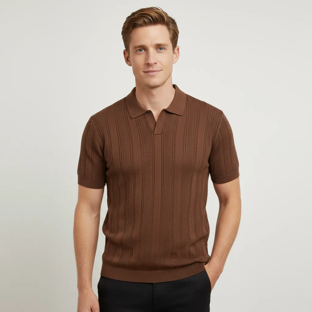 Men's Chestnut Brown Patterned Vertical-Stripe Knit Polo Shirt - Custom Textured Weave Design