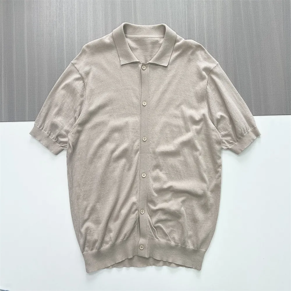 Men's Beige Full-Button Knit Polo - FNJIA Custom Apparel Service