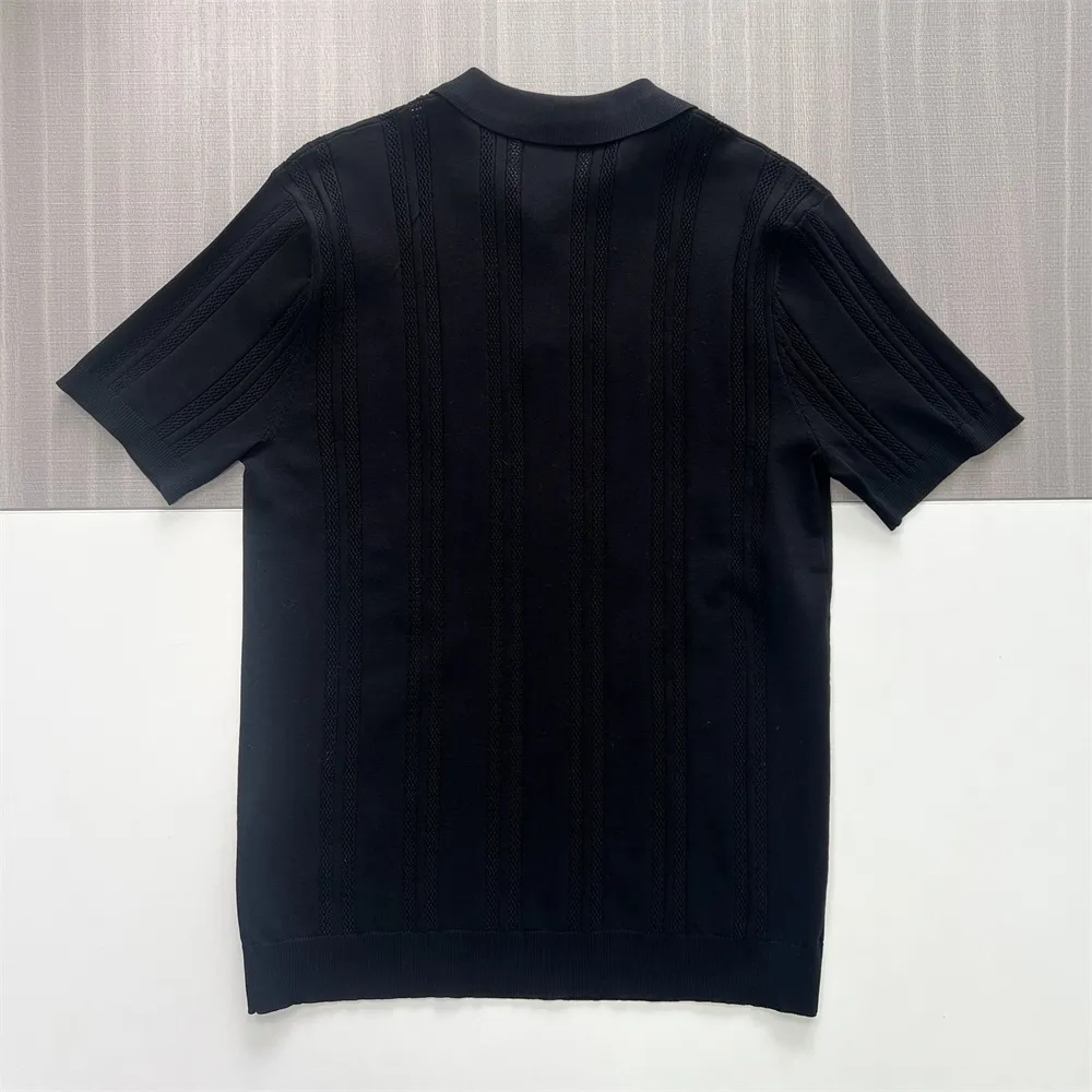 Men's Black Textured Vertical-Stripe Knit Polo Shirt - Custom Open Placket Design