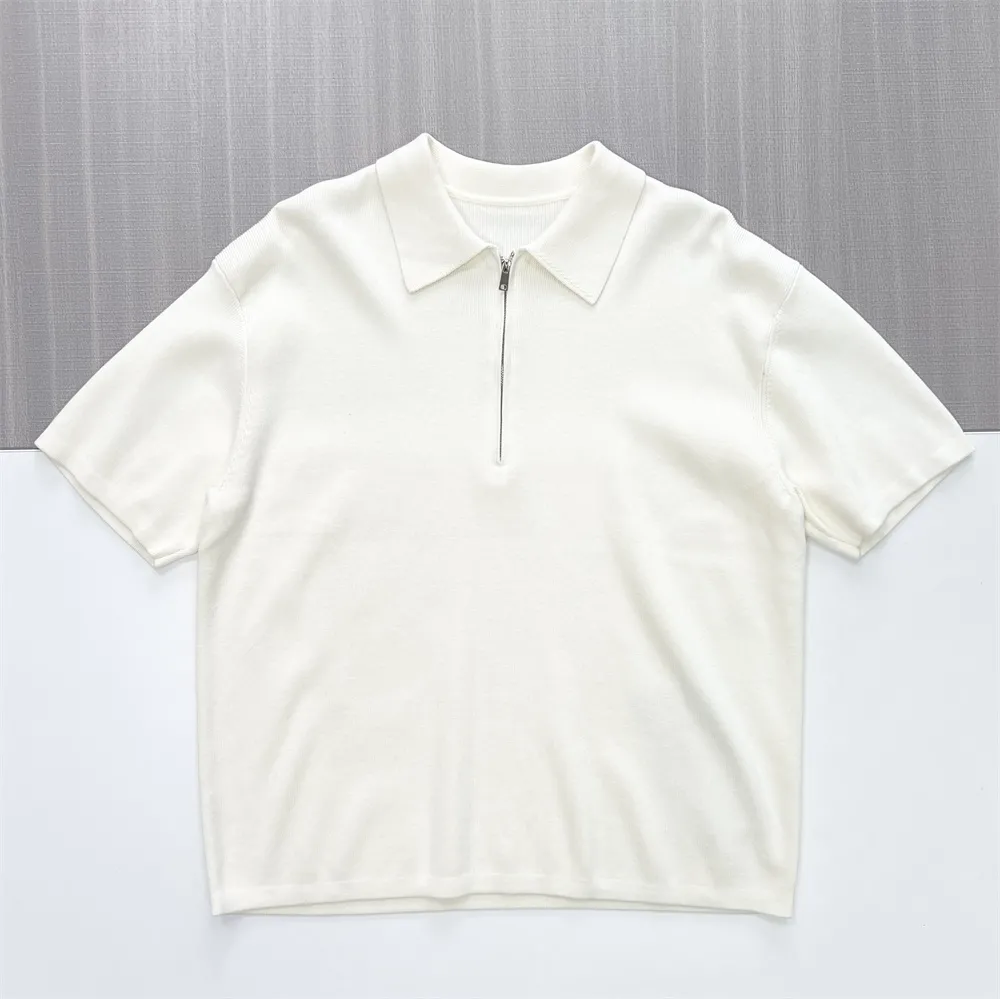 Men's Ivory Half-Zip Knit Polo Shirt - Custom Minimalist Design & Relaxed Fit