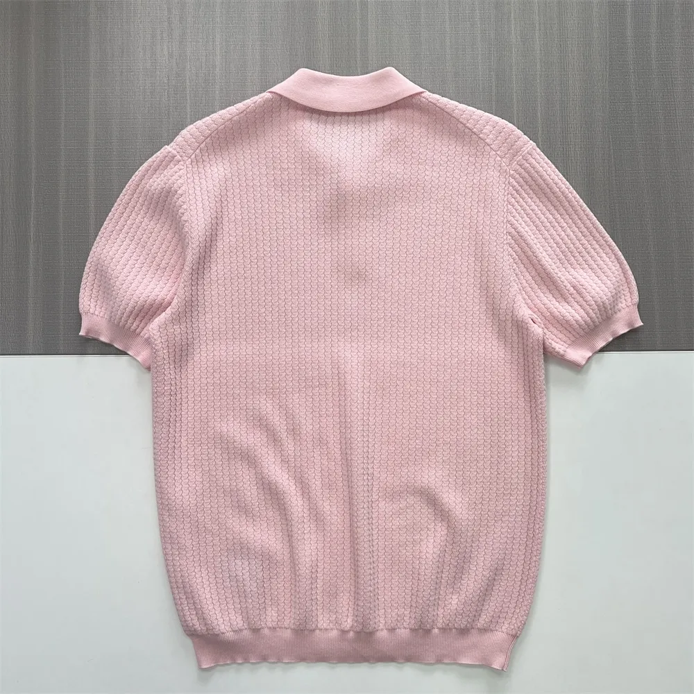 Men's Pastel Pink Textured Knit Polo - FNJIA Custom Apparel Service