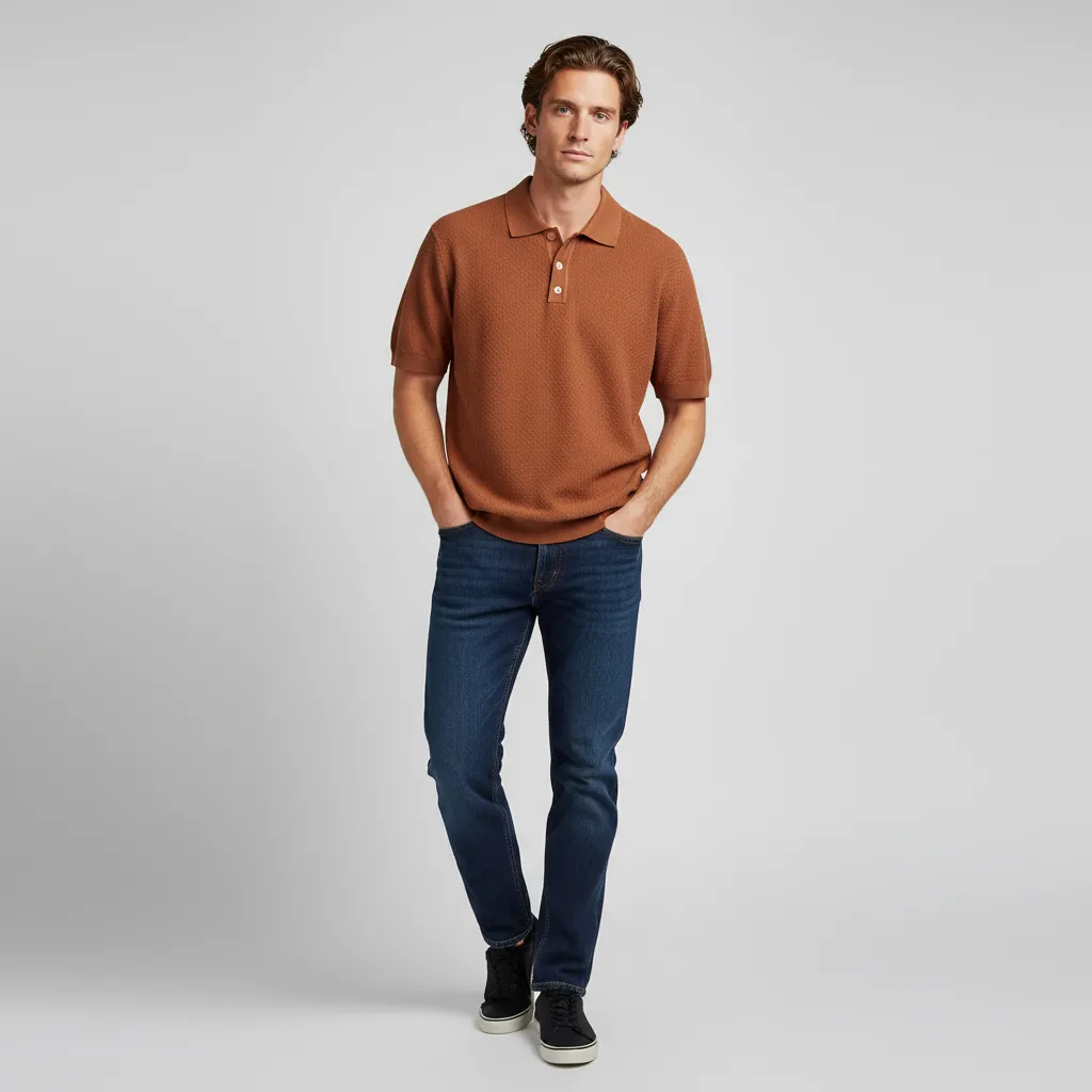 Men's Burnt Orange Waffle-Knit Polo Shirt - Custom Fabric & Fit