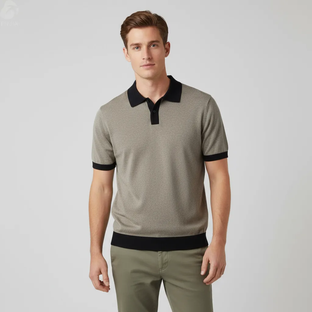 Men's Beige & Navy Contrast-Block Knit Polo - FNJIA Custom Apparel Service