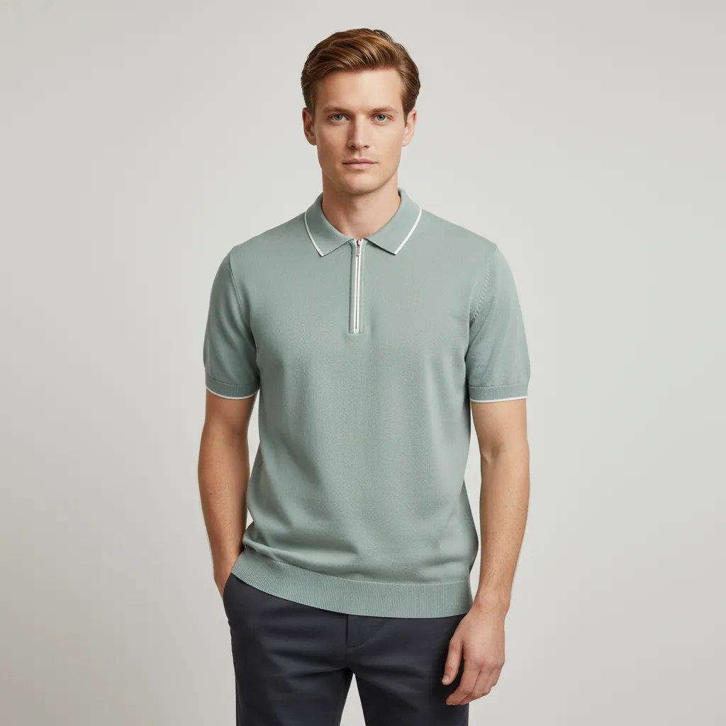 Men's Sage Green Contrast-Trim Half-Zip Knit Polo - FNJIA Custom Apparel Service