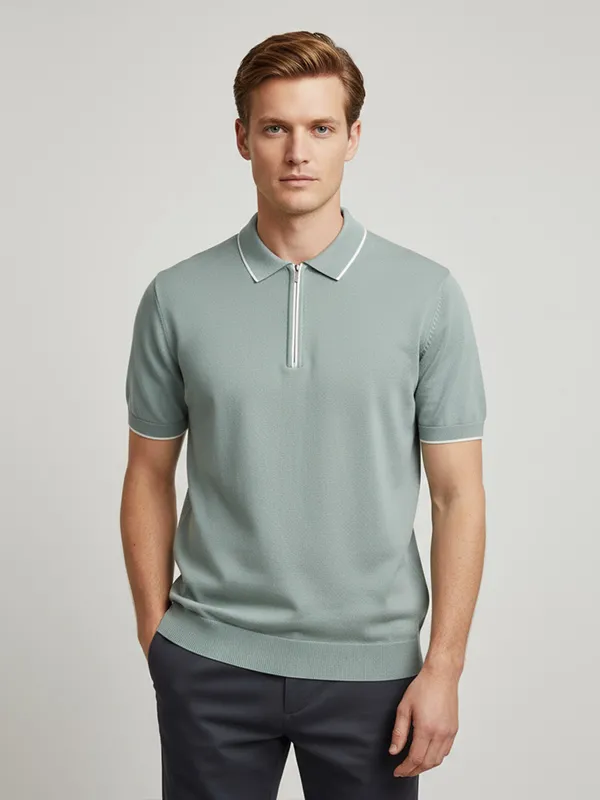 Men's Sage Green Contrast-Trim Half-Zip Knit Polo - FNJIA Custom Apparel Service