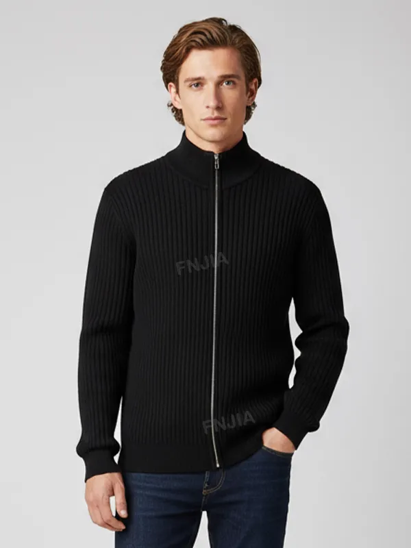 Men's Black Rib-Knit Turtleneck Zip-Up Jacket - Custom Slim-Fit Design