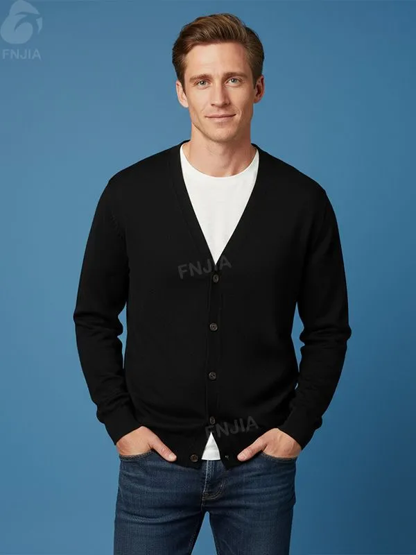 Men's Black V-Neck Knit Cardigan - Custom Button Detail & Relaxed-Fit Design