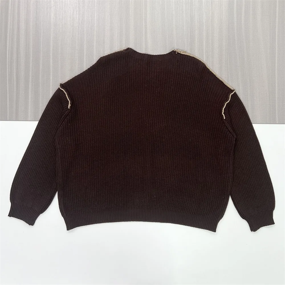 Men's Chocolate Brown Rib-Knit V-Neck Cardigan - Custom Contrast Stitch Design