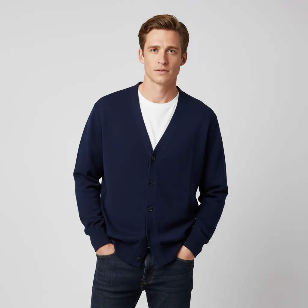 Men's Navy V-Neck Knit Cardigan - Custom Relaxed-Fit Design