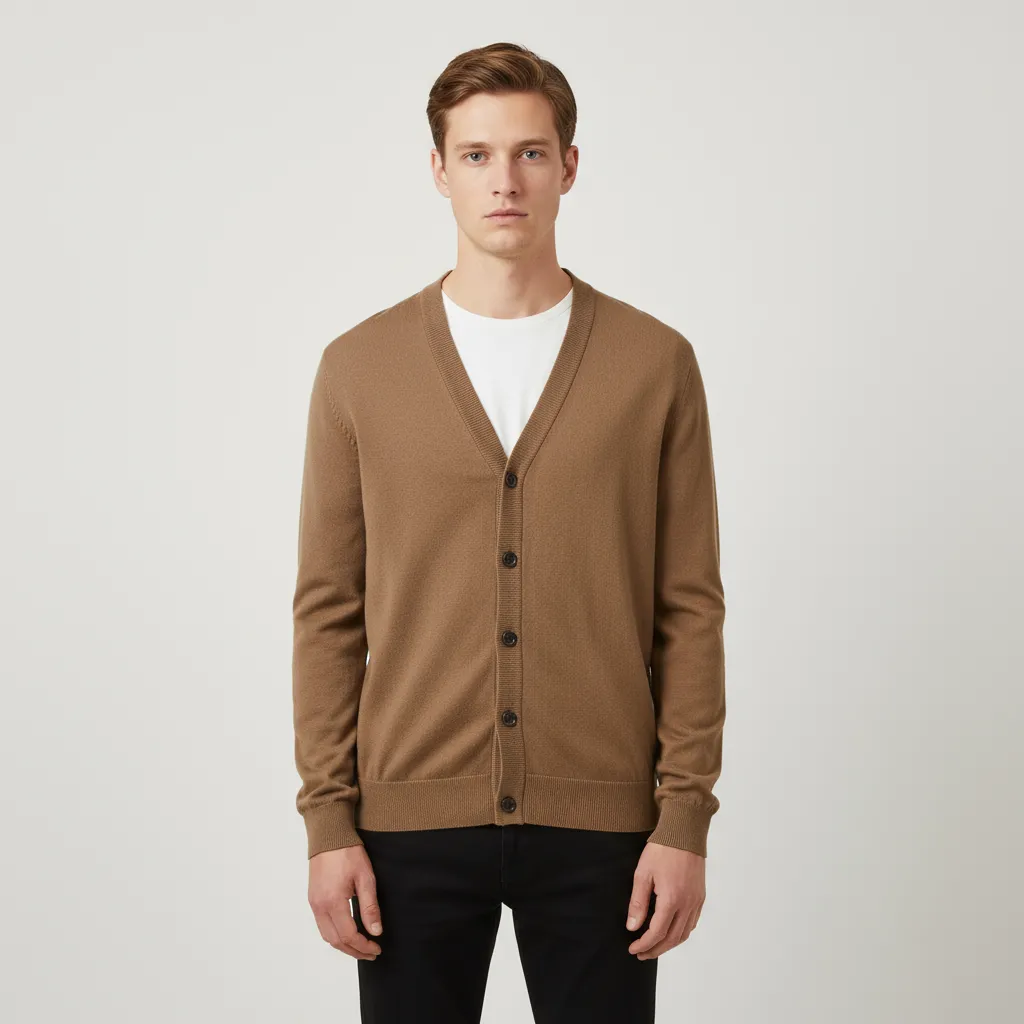Men's Tan V-Neck Knit Cardigan - Custom Contrast Button Design