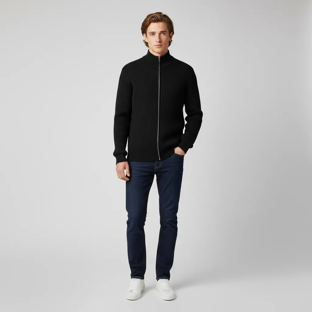 Men's Black Rib-Knit Turtleneck Zip-Up Jacket - Custom Slim-Fit Design