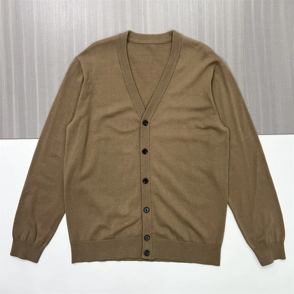 Men's Tan V-Neck Knit Cardigan - Custom Contrast Button Design