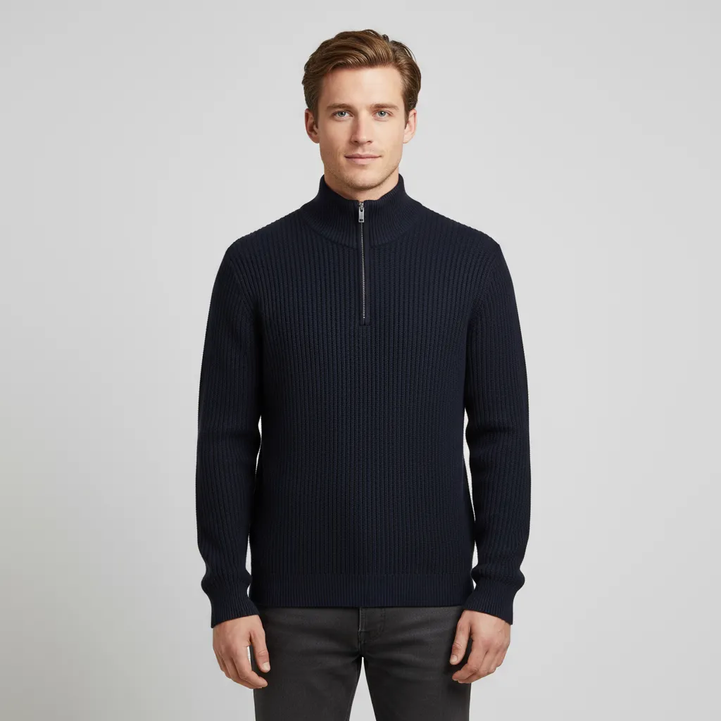 Men's Navy Rib-Knit Half-Zip Sweater - Custom Slim-Fit Design