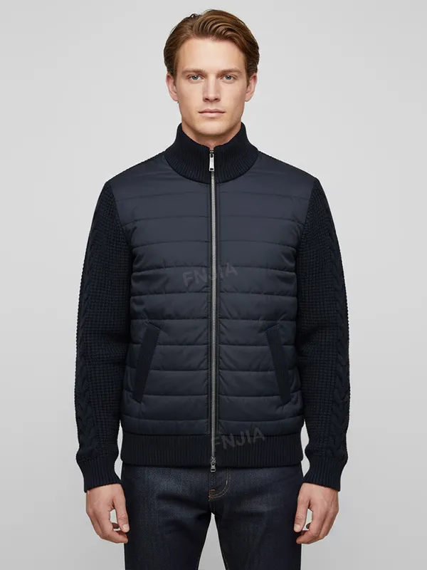 Men's Navy Quilted & Knit Hybrid Zip-Up Jacket - Custom Textured Sleeve Design