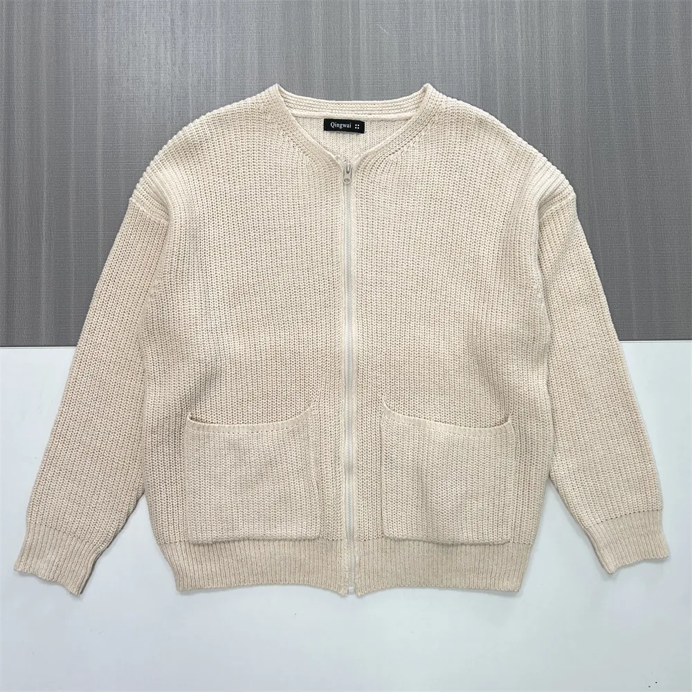 Men's Beige Rib-Knit Zip-Up Cardigan - Custom Oversized-Fit & Pocket Design
