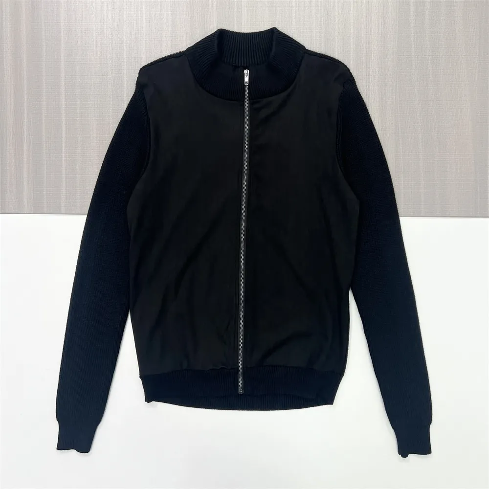 Men's Black Mixed-Material Zip-Up Bomber Jacket - Custom Rib-Knit Sleeve Design