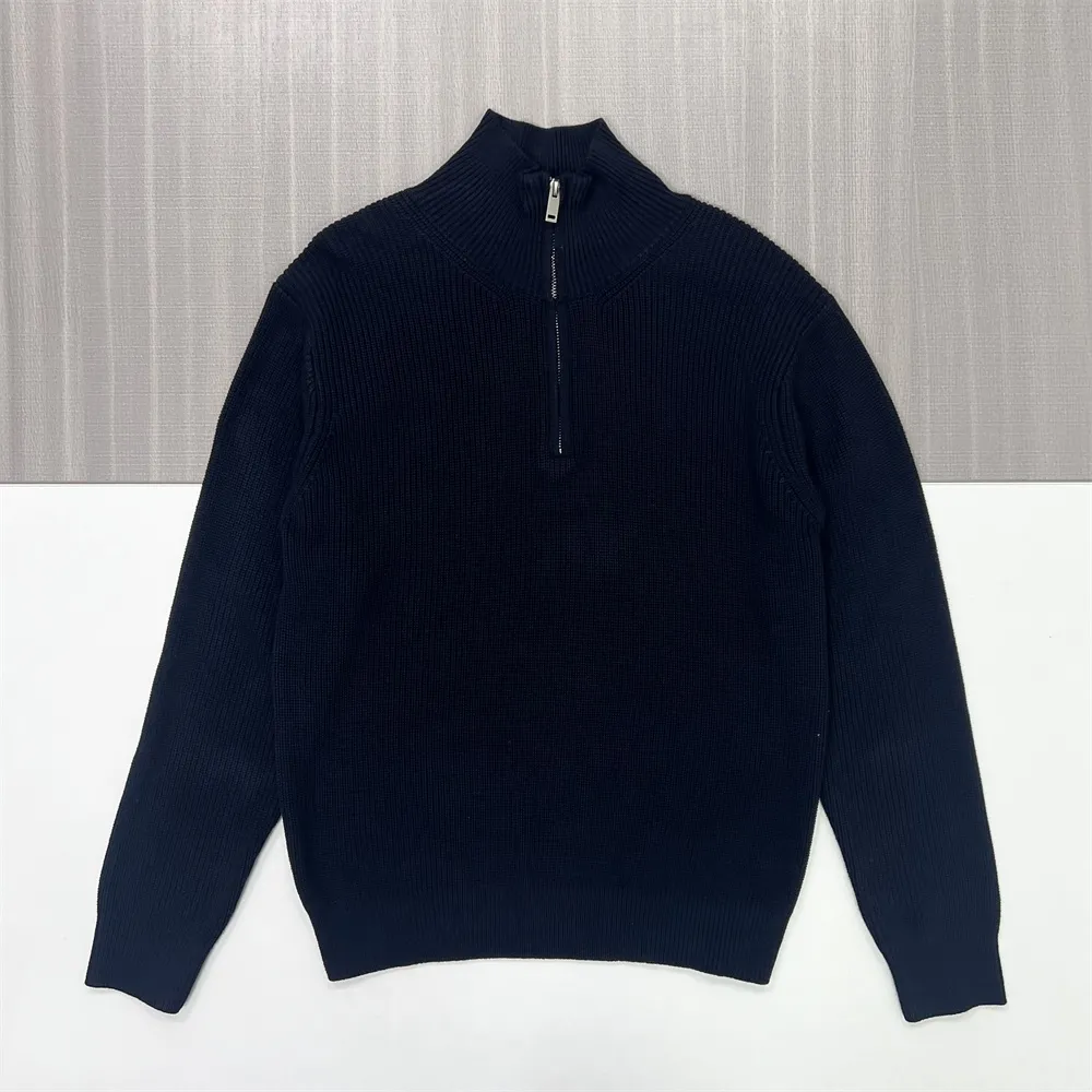 Men's Navy Rib-Knit Half-Zip Sweater - Custom Slim-Fit Design