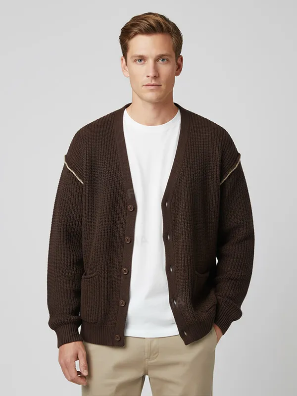 Men's Chocolate Brown Rib-Knit V-Neck Cardigan - Custom Contrast Stitch Design